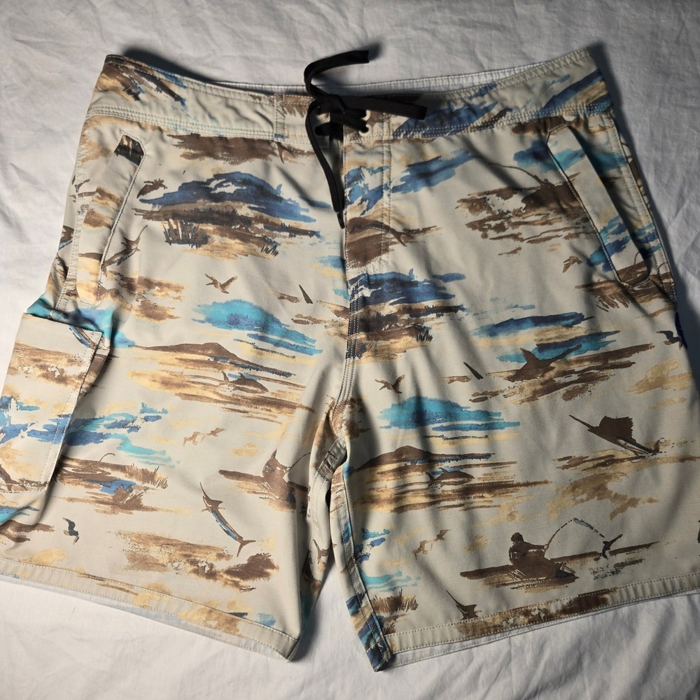 AFTCO Fishing Board‎ Shorts Tan Blue Marlin Scenic Print Cargo Pocket Sz 36 Swim